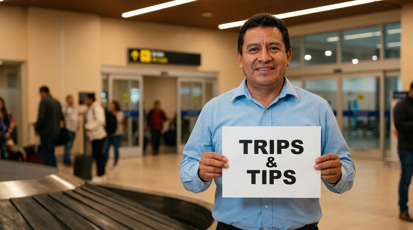 A smiling Trips and Tips driver holding a welcome sign at La Aurora airport arrivals