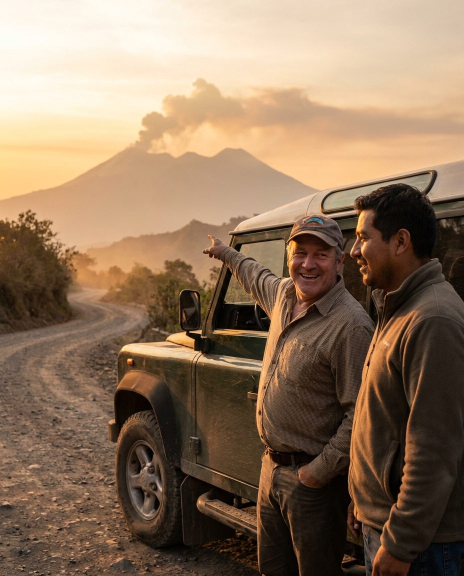 Trips and Tips Guatemala guides beside their vehicle with a volcano behind